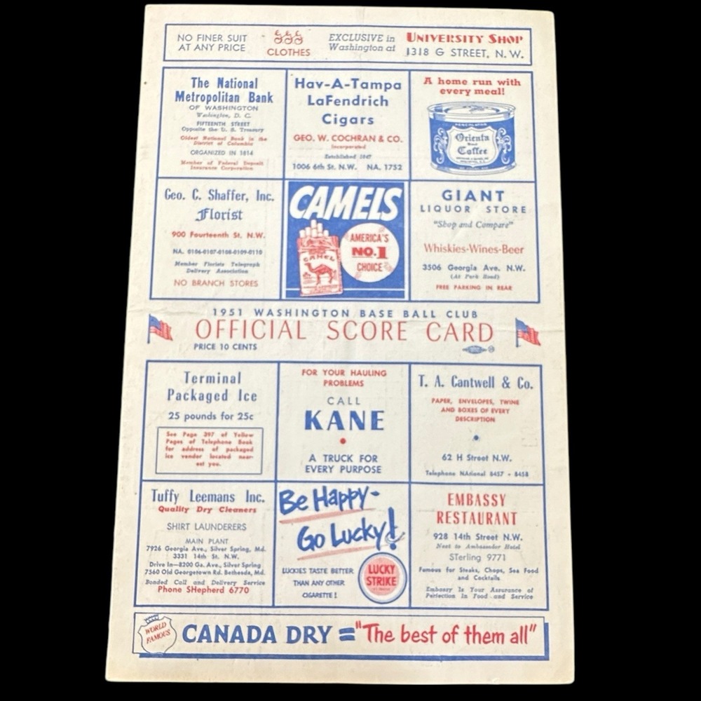 The Washington Nationals V Chicago White Sox MLB Score Card 1951